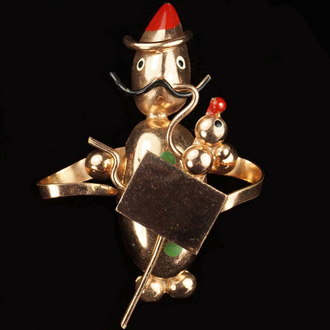 Gold and Enamel Moustachioed Organ Grinder and Monkey Pin