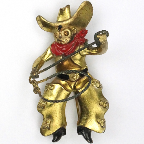 Gold and Enamel Cowboy with Ten Gallon Hat Red Bandanna and Lasso Pin