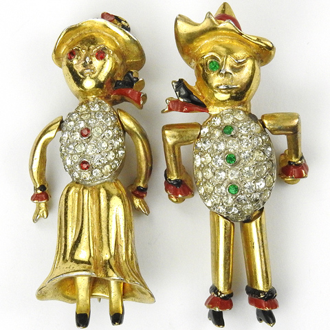 Farmer and his Wife Pair of Deco Moveable Rag Doll Figural Pins