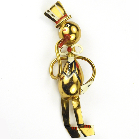 Walter Lampl Walburt's Gay Puppets (?) Gold and Enamel Man in Top Hat and Bow Tie Smoking a Cigar Pin