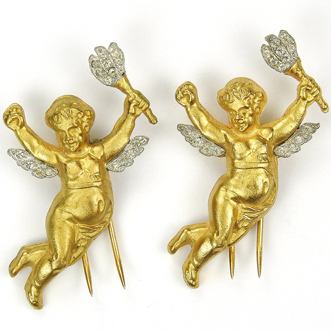 Pair of Golden Winged Cherubs Cupids or Putti Carrying Torches Pin Clips