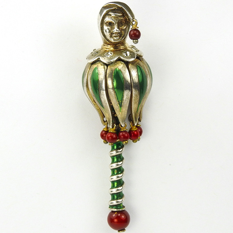 After Van Cleef & Arpels Sterling Jester Puppet on a Baton with Pendant Coral Swirls Pin Clip