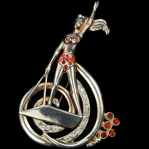 Deco Sterling Pave and Rubies Girl in a Polka Dot Bikini Water Skiing on a Board in a Swirling Wave Pin