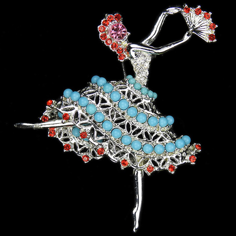 After Coro Pave Ruby Pink Topaz and Turquoise Ballerina en Pointe Holding a Fan Pin