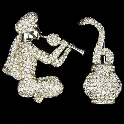 Sterling Pave Pair of Snake Charmer and Cobra Snake in Basket Pins