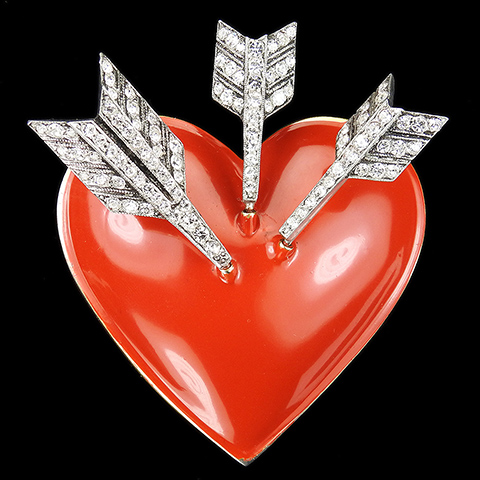 Schiaparelli (?) Giant Red Enamelled Heart Pierced by Three Pave Arrows Valentines Pin Clip