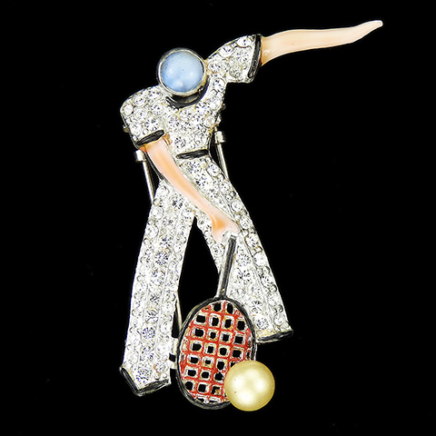 Deco Pave Enamel and Moonstone Male Tennis Player with Openwork Racket and Pearl Ball Pin Clip 