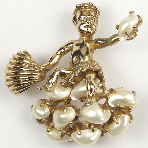 DeRosa Gold and Babystooth Pearls Bearded Mer-Man with Scallop Shell Pin