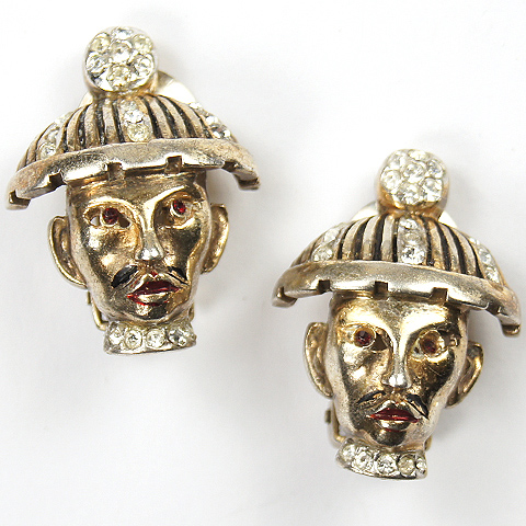 Reja Sterling Oriental Official with Moustache and Gold Hat Face Mask Clip Earrings