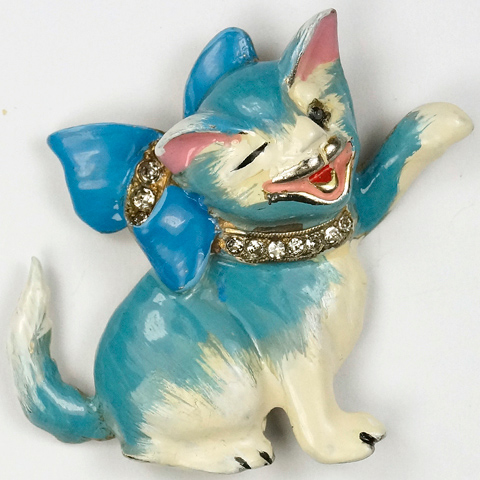 Reja Enamelled Blue and White Winking Cat with Bow Pin Clip