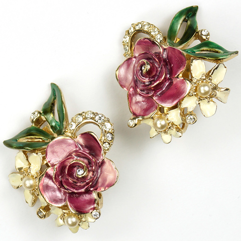 Reja Gold Pave and Metallic Enamel Purple Rose and Posy Clip Earrings