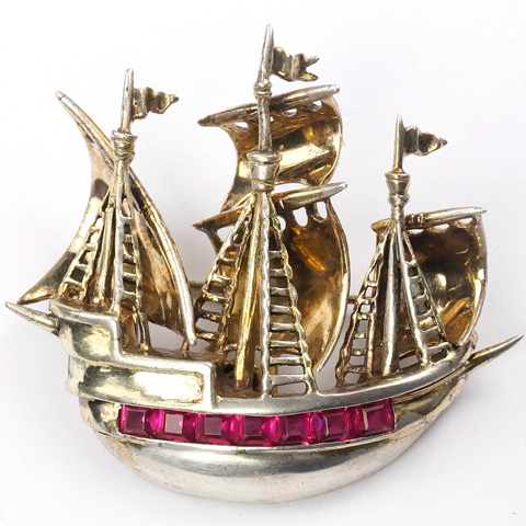 DeRosa Sterling Gold and Invisibly Set Rubies Three Masted Pirate Sailing Ship Pin