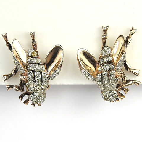 Reja Sterling Gold and Pave Fly Bug Clip Earrings