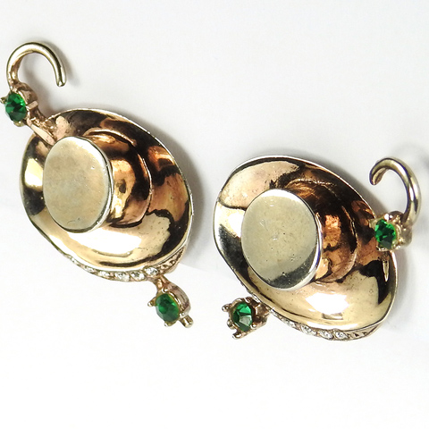 Reja Sterling Gold Pave and Emeralds Hat with Cane Clip Earrings