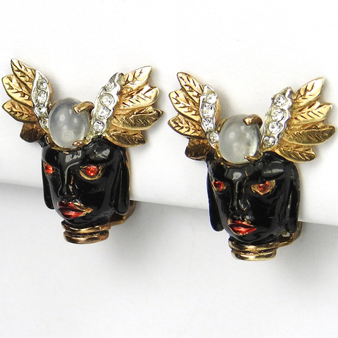 Reja Sterling 'Africana' 'Ubangi' Gold Pave Moonstone and Enamel Clip Earrings