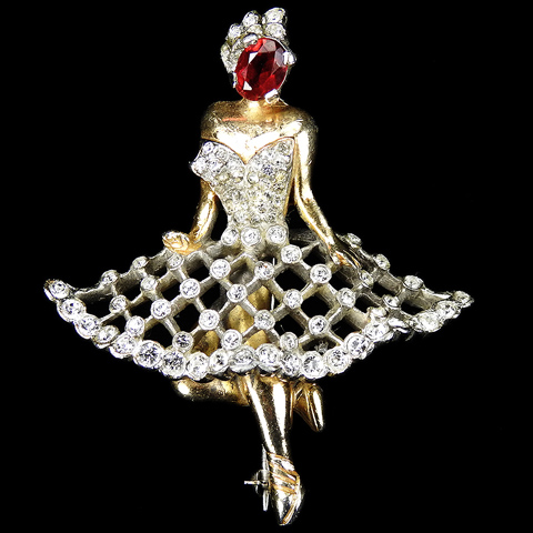 Reja Gold Pave and Ruby Large Ballerina Pin