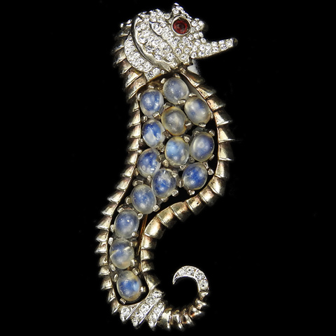 Reja Sterling Gold Pave and Moonstones Right Facing Seahorse Pin