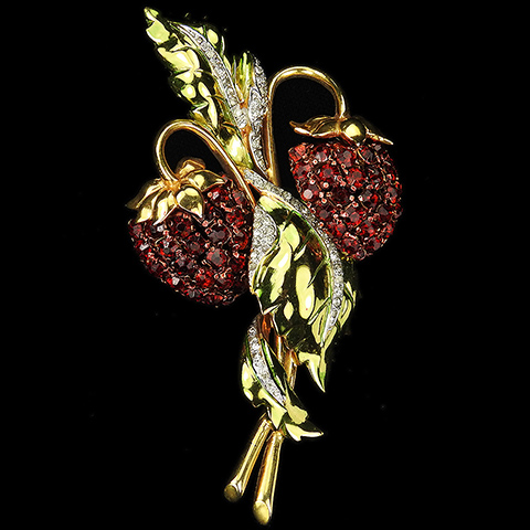 Castlecliff Gold Metallic Enamel and Rubies Two Strawberries with Leaves Pin