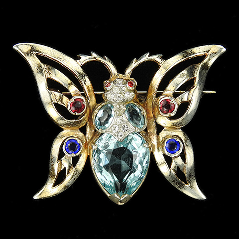 Reja Sterling Small Gold Pave Multicolour Stones and Heart Shaped Aquamarine Openwork Butterfly Pin