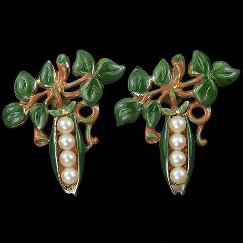 Reja Enamel and Pearls Peas in the Pod Clip Earrings