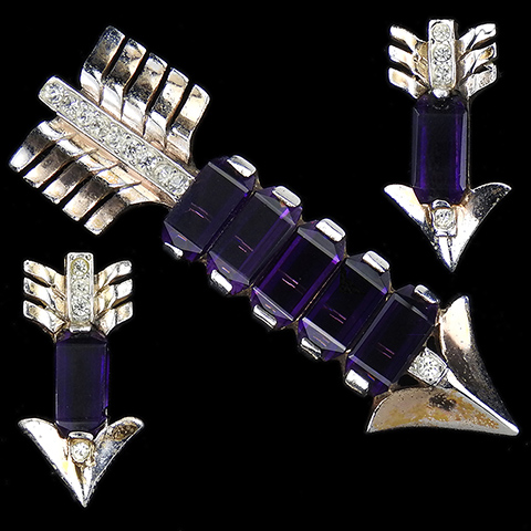 Reja Sterling Gold Pave and Oblong Cut Amethyst Crystals Arrow Pin and Screwback Earrings Set