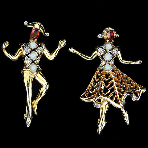 Reja Gold Pave Moonstone and Ruby Pair of 'Pierrot and Pierrette' Ballet Dancer and Ballerina Pins