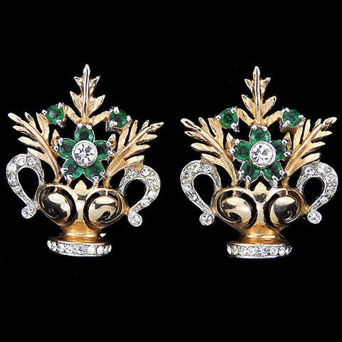 Reja Gold Leaves and Emerald Flowers 'Gardenesque' Gold and Pave Urn Flower Pot or Basket Clip Earrings