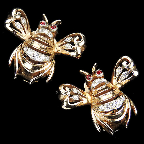 Reja Gold and Pave Bumblebee Bee Clip Earrings
