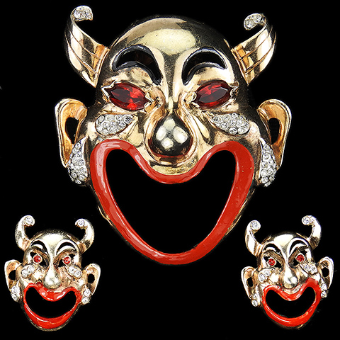 Reja Sterling 'Punchinello' Theatre Face Mask Pin Clip and Clip Earrings Set
