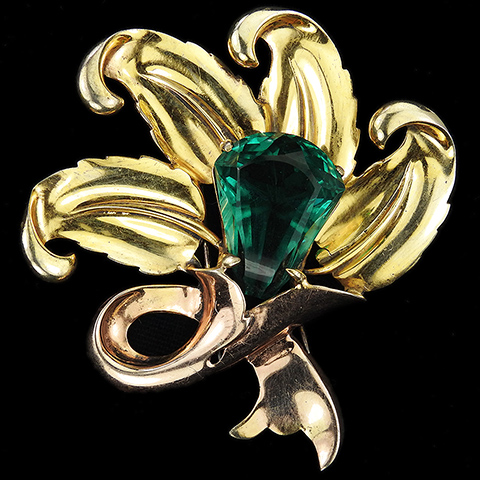 DeRosa Sterling Yellow and Rose Gold with Kite Cut Emerald Blooming Flower Pin Clip
