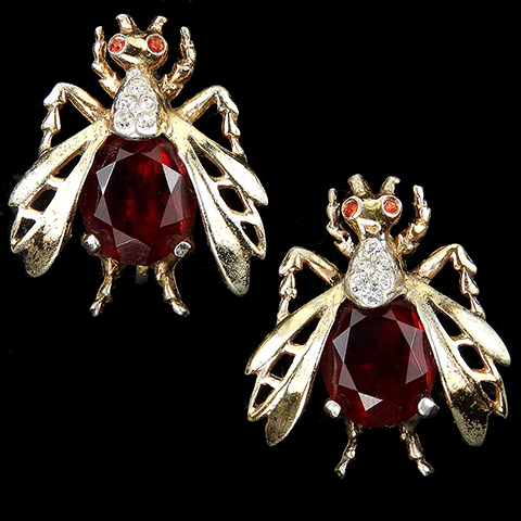 Reja Sterling Gold Pave and Ruby 'Busy Bee' Bug or Fly Screwback Earrings