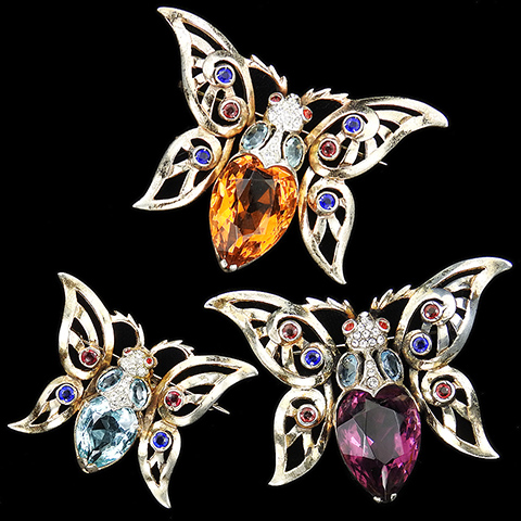 Reja Sterling Two Large and One Small Gold Pave and Heart Shaped Citrine, Amethyst and Aquamarine Set of Three Openwork Butterfly Pins