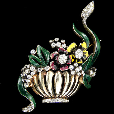 Reja Sterling 'Gardenesque' Gold Pave and Enamel Flower Basket with Leaves Pin