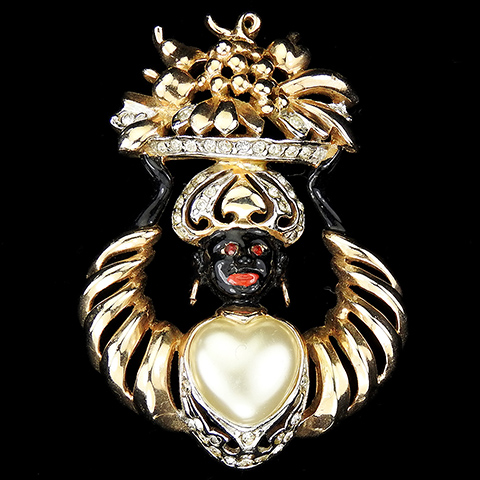 Reja Gold Pave and Enamel Pearl Heart Lady Blackamoor Carrying a Flower Basket Pin