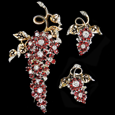 Reja Gold and Ruby Flowers Climbing Wisteria Flower Pin and Clip Earrings Set