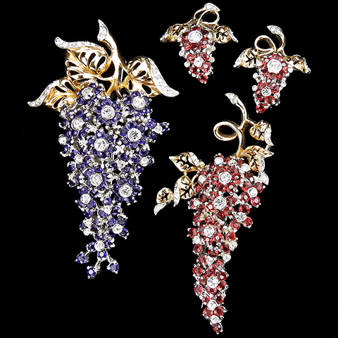Reja Gold and Pave Openwork Pair of larger Amethyst and smaller Ruby Wisteria Flower Pins and Ruby Clip Earrings Set