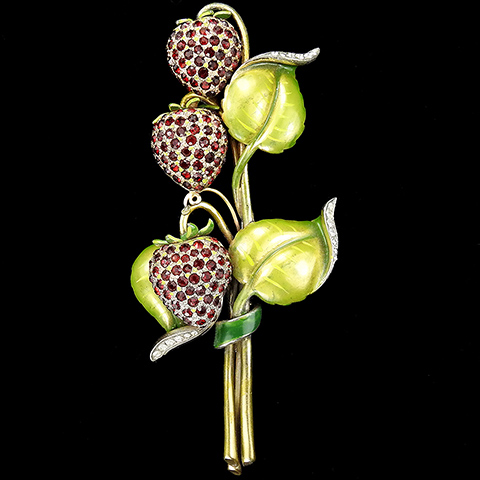 DeRosa Metallic Enamel Leaves and Rubies Giant Three Strawberries Pin