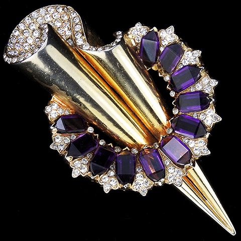 Reja Gold and Pave Swirl Deco Shaft of Light with Pave and Amethyst Halo Pin