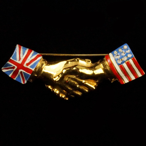 Coro (unsigned) WW2 US and British Patriotic Gold and Enamel Union Jack and Stars and Stripes Handshake Pin
