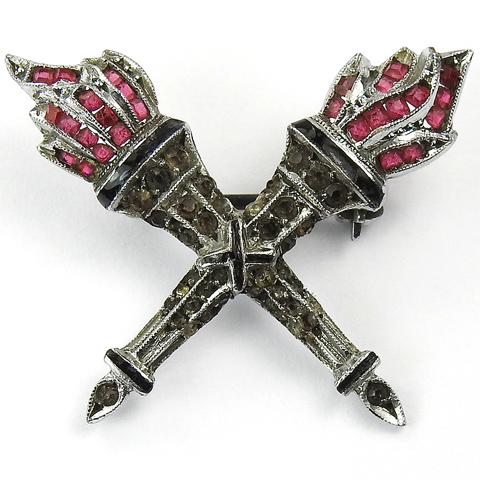 Ruby and Black Diamond Miniature Crossed Flaming Torches Insignia Pin