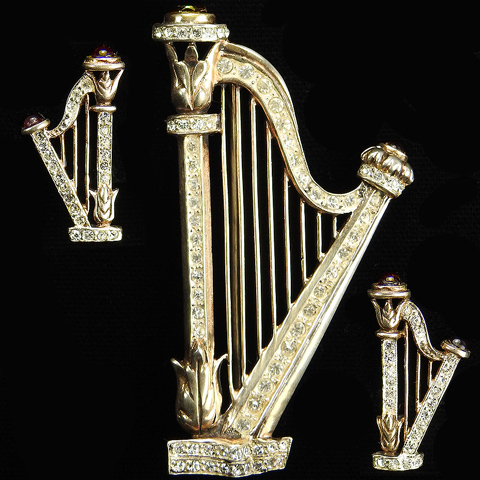 Gold Pave and Ruby Cabochons Sterling Irish Musical Harp Pin and Screwback Earrings Set