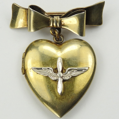 Sterling WW2 US Patriotic Golden Bow and Pendant Heart Photo Locket Pin with US Army Air Force Cadet Insgnia