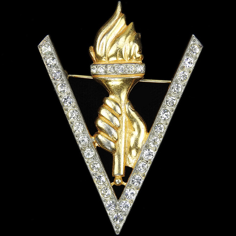 WW2 US Patriotic Gold and Pave Victory V with Hand holding a Torch of Liberty Pin