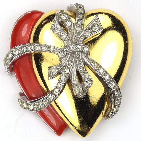 WW2 US Patriotic Gold and Red Enamel Two Hearts Bound Together by a Pave Bow Sweetheart Pin