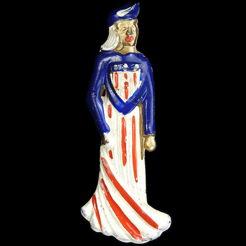 WW2 US Patriotic Gold and Enamel Mrs Uncle Sam in Red White and Blue Stars and Stripes Robes Pin