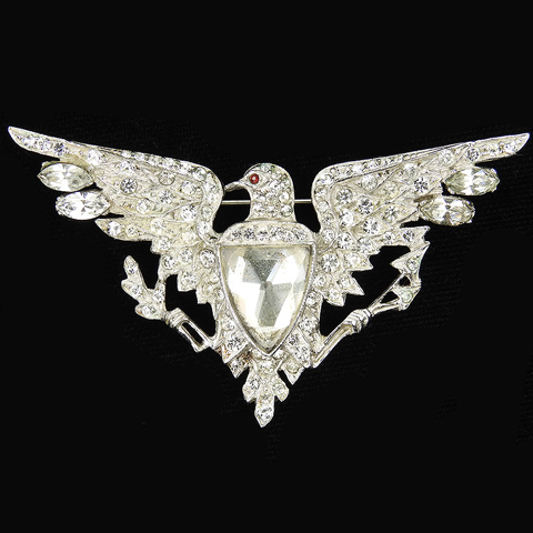 WW2 US Patriotic Pave Navettes and Shield Shaped Crystal American Eagle holding Olive Branch and Arrows Pin