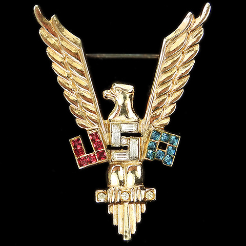 WW2 US Patriotic Sterling Gold Diamante Ruby and Sapphire Victory V Winged Eagle with Red White and Blue USA Pin 