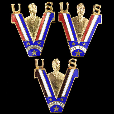 WW2 US Patriotic Red White and Blue V for Victory Set of Three 'Sweetheart' 'My Brother' and 'My Son' Pins