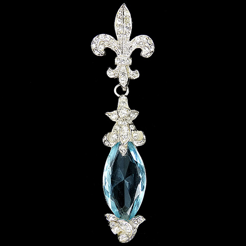 Pave and Large Pendant Aquamarine Navette Fleur de Lys Pin