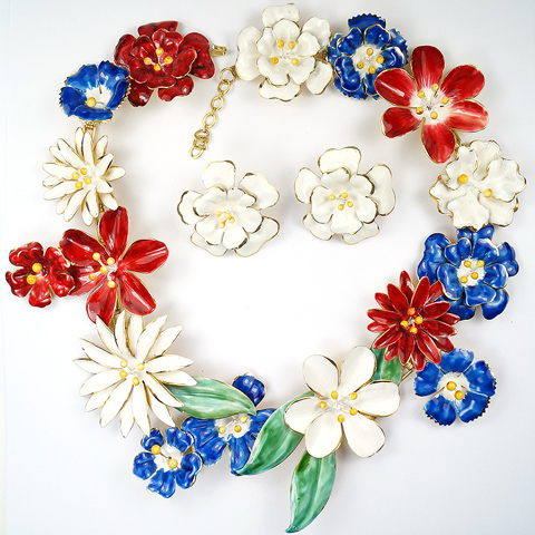 Sandor Gold and Enamel Red White and Blue Giant Flowers Necklace and Clip Earrings Set